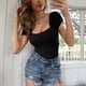 thumbnail image 5 of Top de verano para mujer, Top informal fruncido de manga corta de punto acanalado, Top ajustado para mujer, negro M, 5 of 8