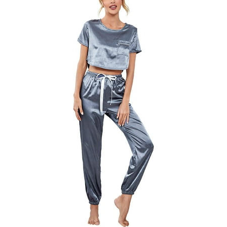 

Women Satin Silky Pajama Set Short Sleeve T Shirt With Long Pajama Pant Set Soft Loungewear Female Chemise Nightie Nightwear