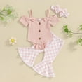 thumbnail image 2 of Odeerbi 3M-2Y Toddler Girls Summer Outfits Layette Set Bow Rib Knit Bodysuit Plaid Flared Pants with Headband Three-piece Set Jumpsuit Printed Trousers Set Toddler Girls Clothes, 2 of 7