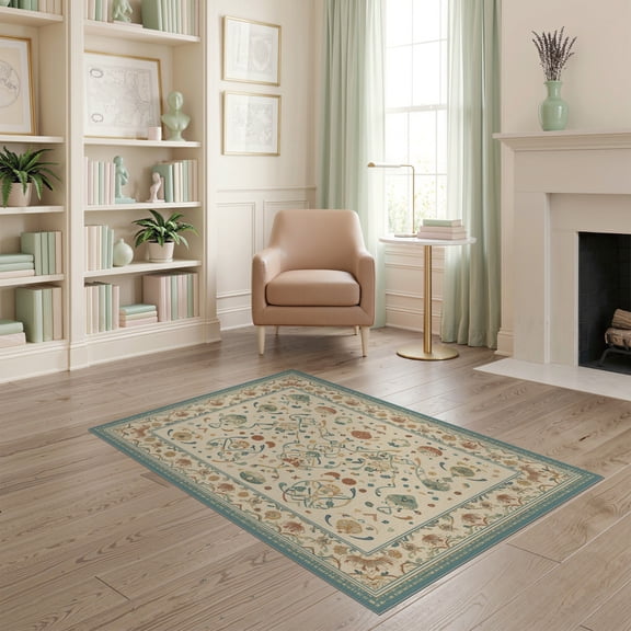 ODIKA 4'x6' Ivory Teal Rose Victorian Floral Washable Area Rug Traditional English Garden Botanical Motifs With Ornate Border Design for Bedroom, Reading Nook, Pet Friendly & Non-Shedding