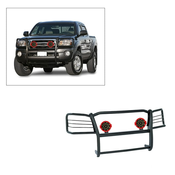 Black Horse Grille brush Bumper Guard Modular Black Come With pair of 7.0"Dia.LED Lights with Red Trim Rings Compatible with 2005-2015 Toyota Tacoma-17A096400MA-PLR