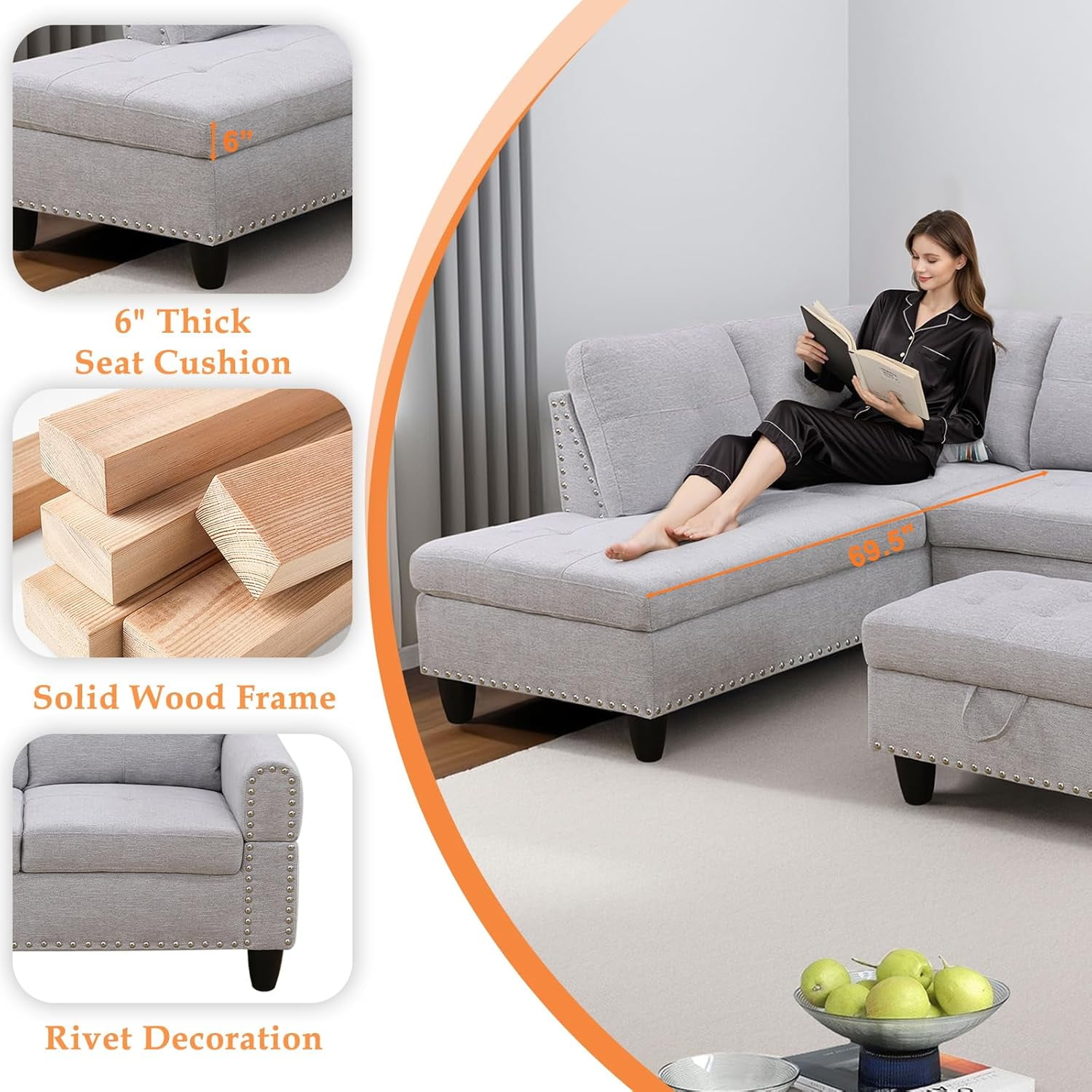 Howcool L Shaped Sectional Sofa, 4 Seater Couch with Chaise Lounge, Storage Ottoman, Cup Holders and Pillows, Modern Linen Fabric Couch for Living Room,Light Gray