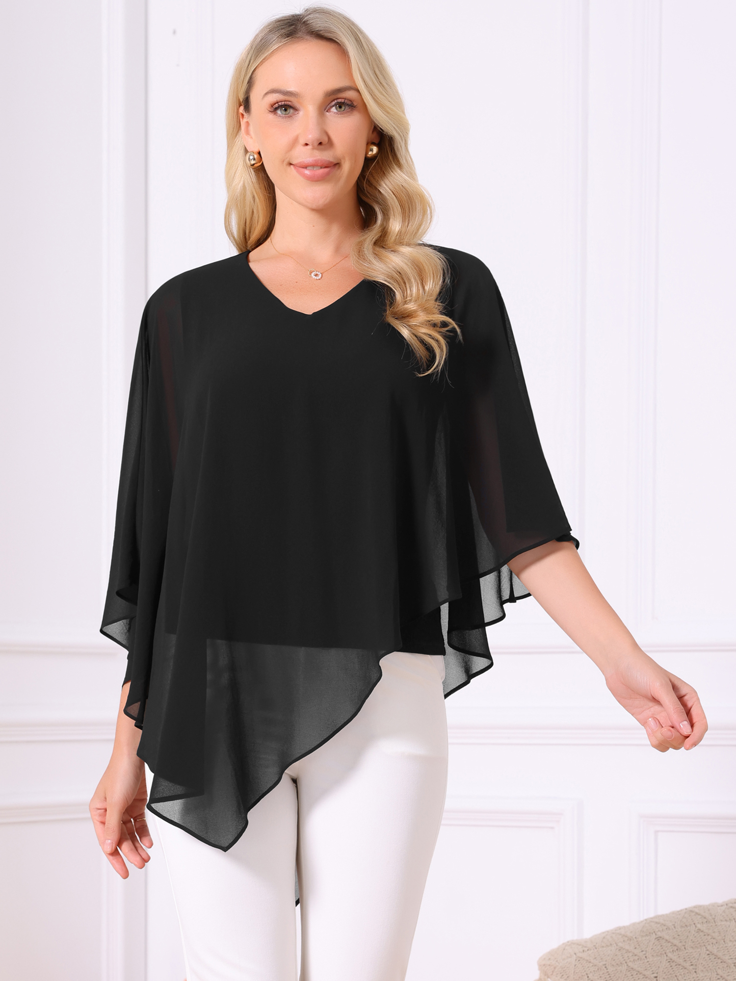 DARING DIVA Women's Flowy V Neck Chiffon Blouse Asymmetrical Top M Black