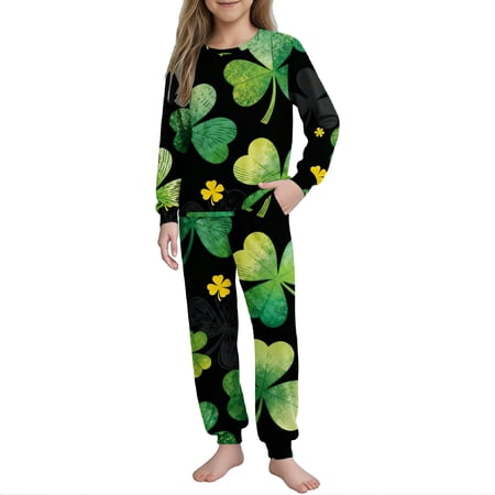 Makaor Toddler Kids Boys Girls Outfit Sets St Patricks Day 2 Piece Green Lounge Sets Matching Outfit Long Sleeve Tops Long Pants Travel Beach Vacation Clothes