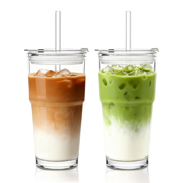 Vaso de vidrio INSETLAN Clear de 600 ml con tapa y pajita, juego de 2