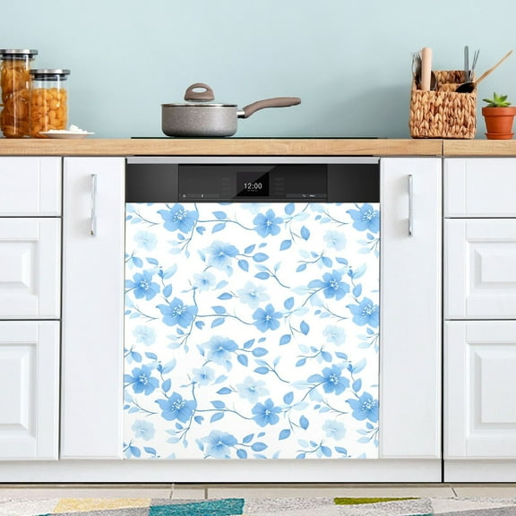 Dishwasher Magnet Cover Magnetic Fridge Door Cover Home Kitchen Decor Blue Flower and Leaf 23"x 26"