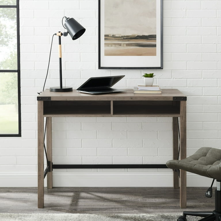 Walker Edison Modern Farmhouse Metal X Open Storage Writing Desk Grey Wash