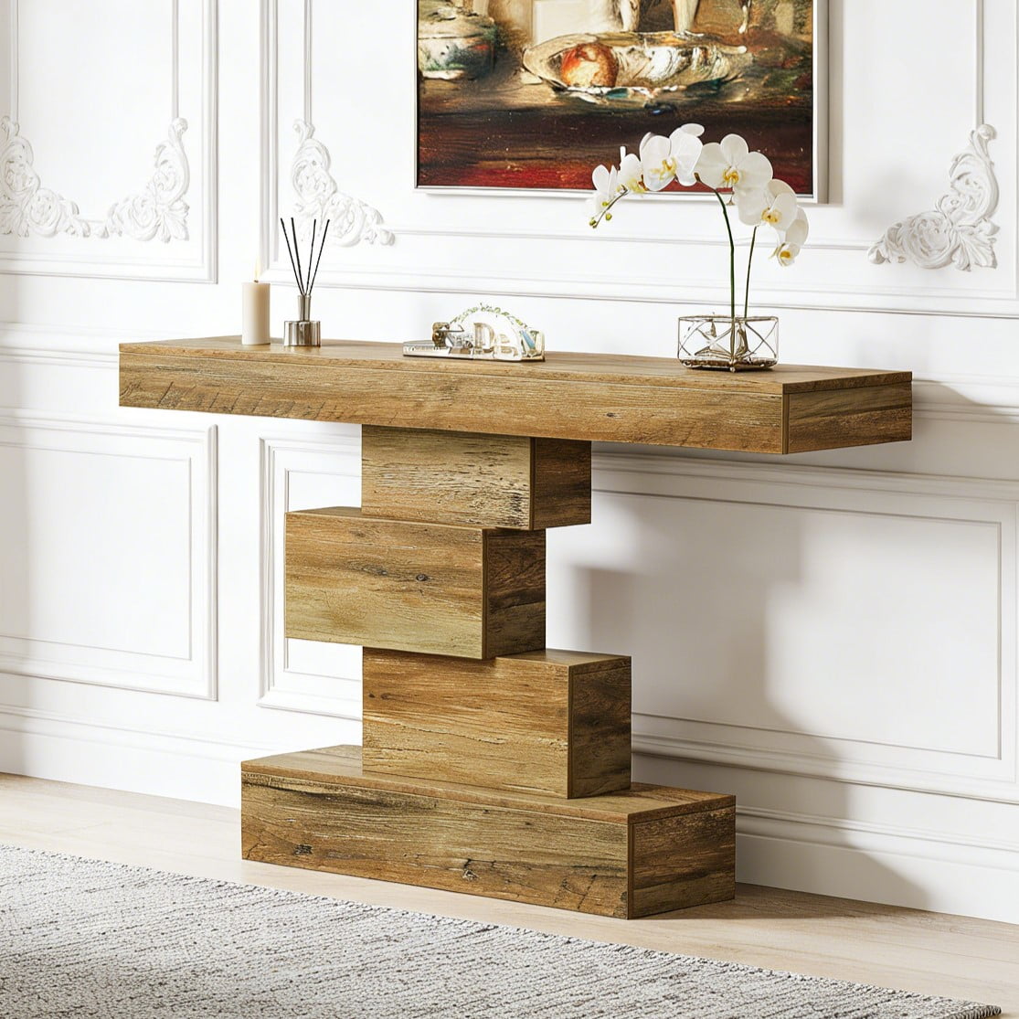 Fnova 42.5" Farmhouse Console Table, Wood Sofa Table with Geometric Storage, Narrow Accent Table for Living Room, Entryway, Hallway