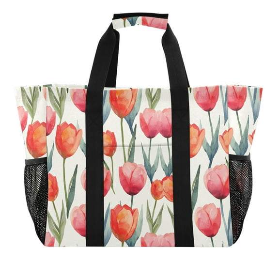 Watercolor Tulip Flower Reusable Grocery Bags with Handle Side Pocket Waterproof Shopping Portable Tote