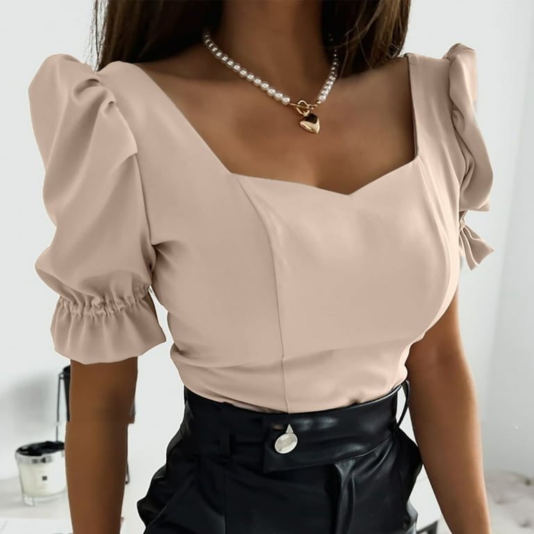 RYRJJ Women's Elegant Short Puff Sleeve Blouse Sweetheart