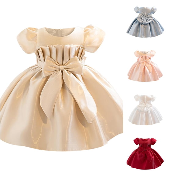 WhouRiu Baby Girls Solid Color Princess Dress Puff Short Sleeve Bowknot Decorated Gown Kids Comfortable Wedding Birthday Party Dresses,12-18 Months