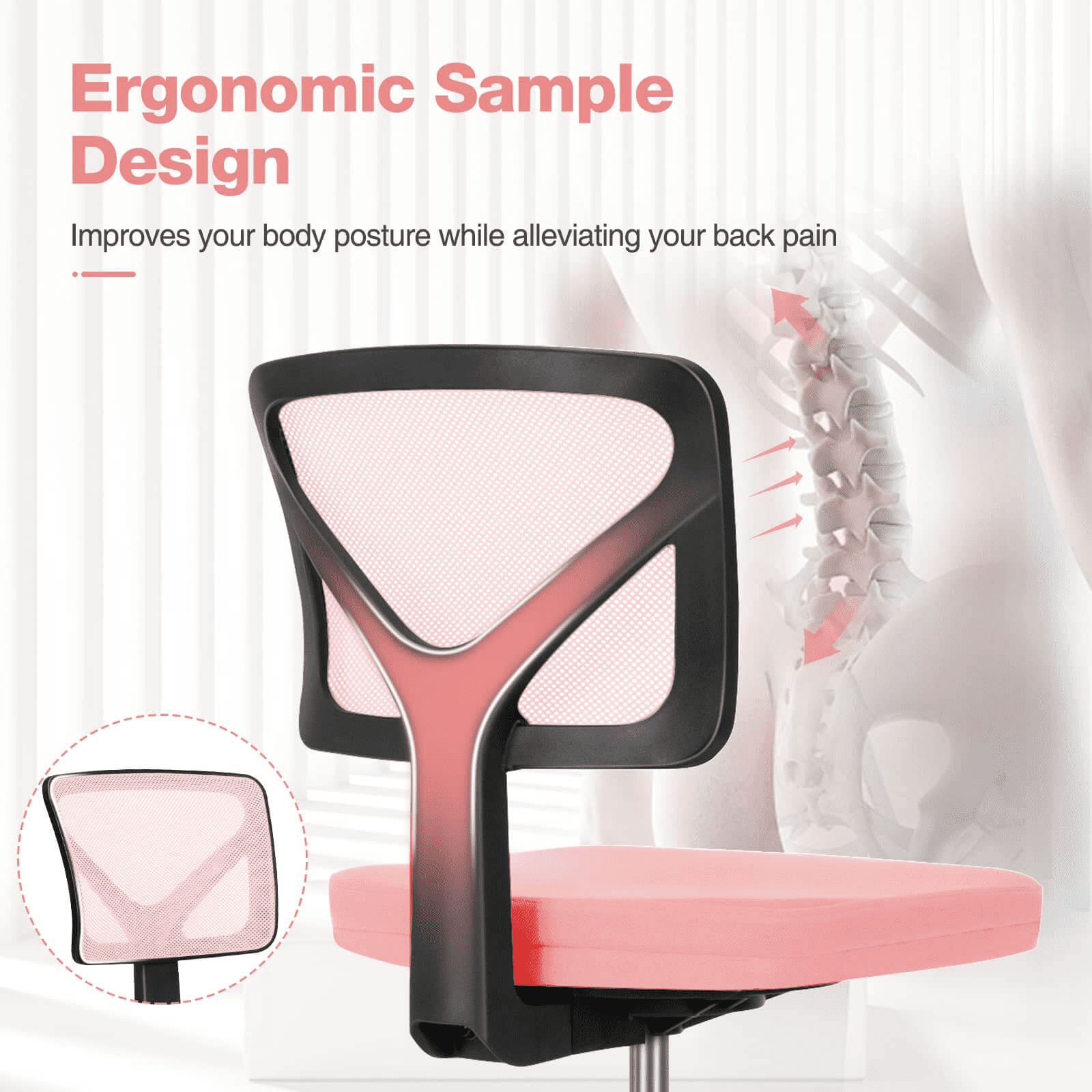 MAYEERTY Home Office Desk Chair, Armless Mesh Computer Chair Small Space Swivel Adjustable Low Back Task Chair for Teens/Adults, Pink