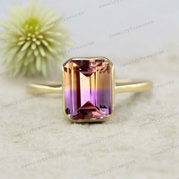 Ametrine Solitaire Ring Yellow Gold Plated Engagement Ring Women's Fine Jewelry Statement Promise Ring Holiday Gift for Mom