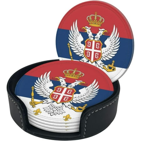 

Serbian Flag Premium Leather Coasters - Set of 6 with Holder | Stylish Drink Coasters for Kitchen Coffee and Home Decor