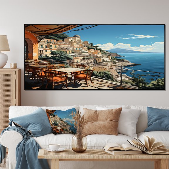 Designart "Capri, Italy Mediterranean Blue Village I" Extra Large Landscapes Framed Wall Art - Global Blue Landscape Italy Bedroom Framed Canvas Wall Art