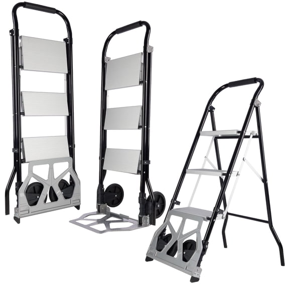Stalwart 2-in-1 3 Step Ladder Folding Step Stool and Foldable Hand Truck Dolly Cart
