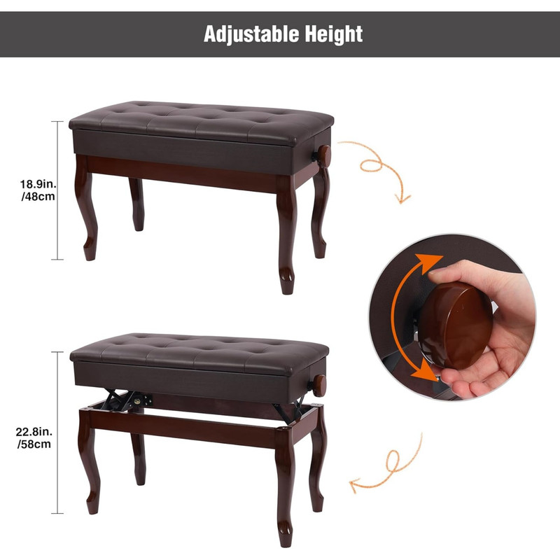 REDCAMP Adjustable Duet Piano Bench with Storage,Heavy Duty Wooden Double Keyboard Piano Bench Seat with PU Leather Cushion,Brown