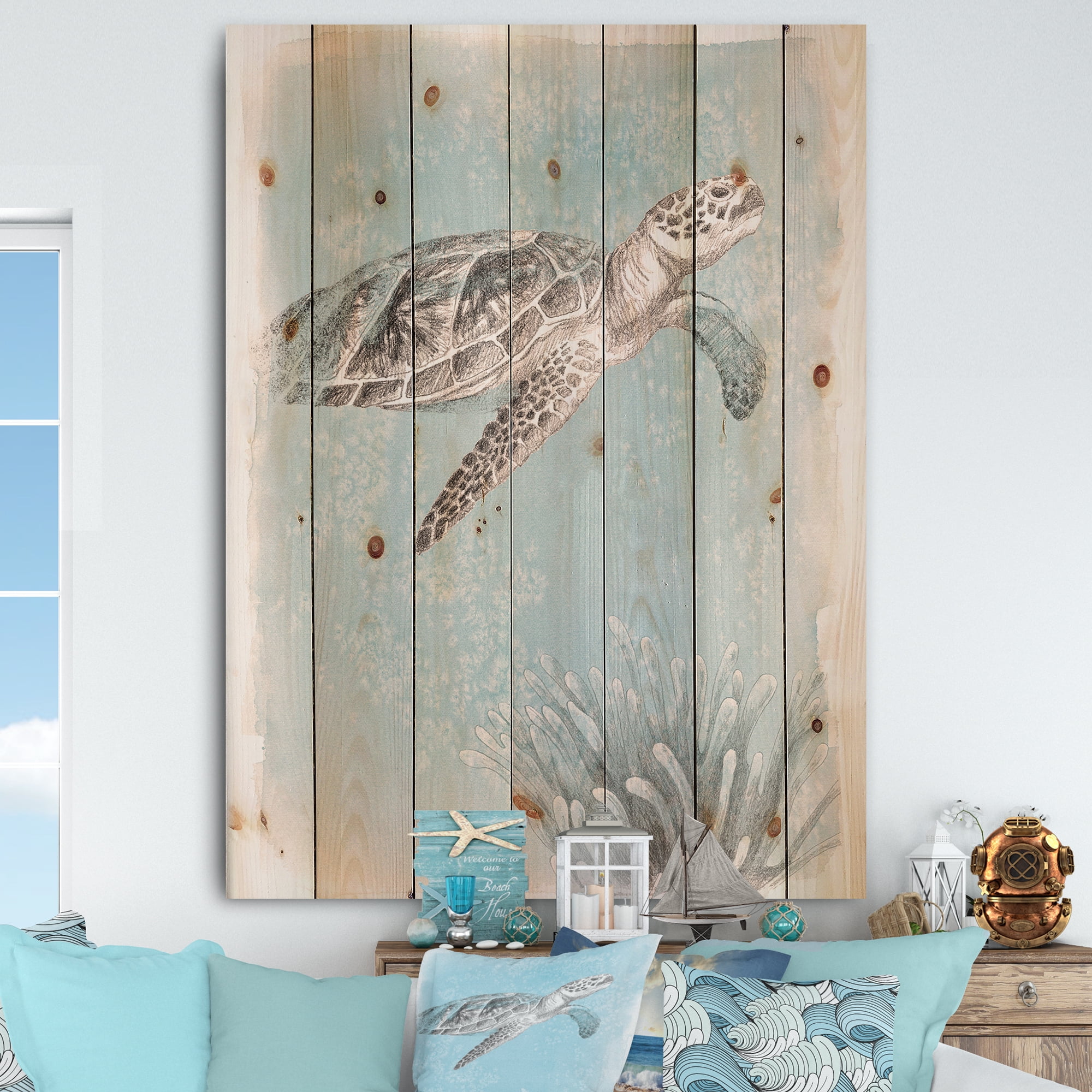 Designart 'Coastal Sea Life I Turtle sketches' Nautical & Coastal Print on Natural Pine Wood