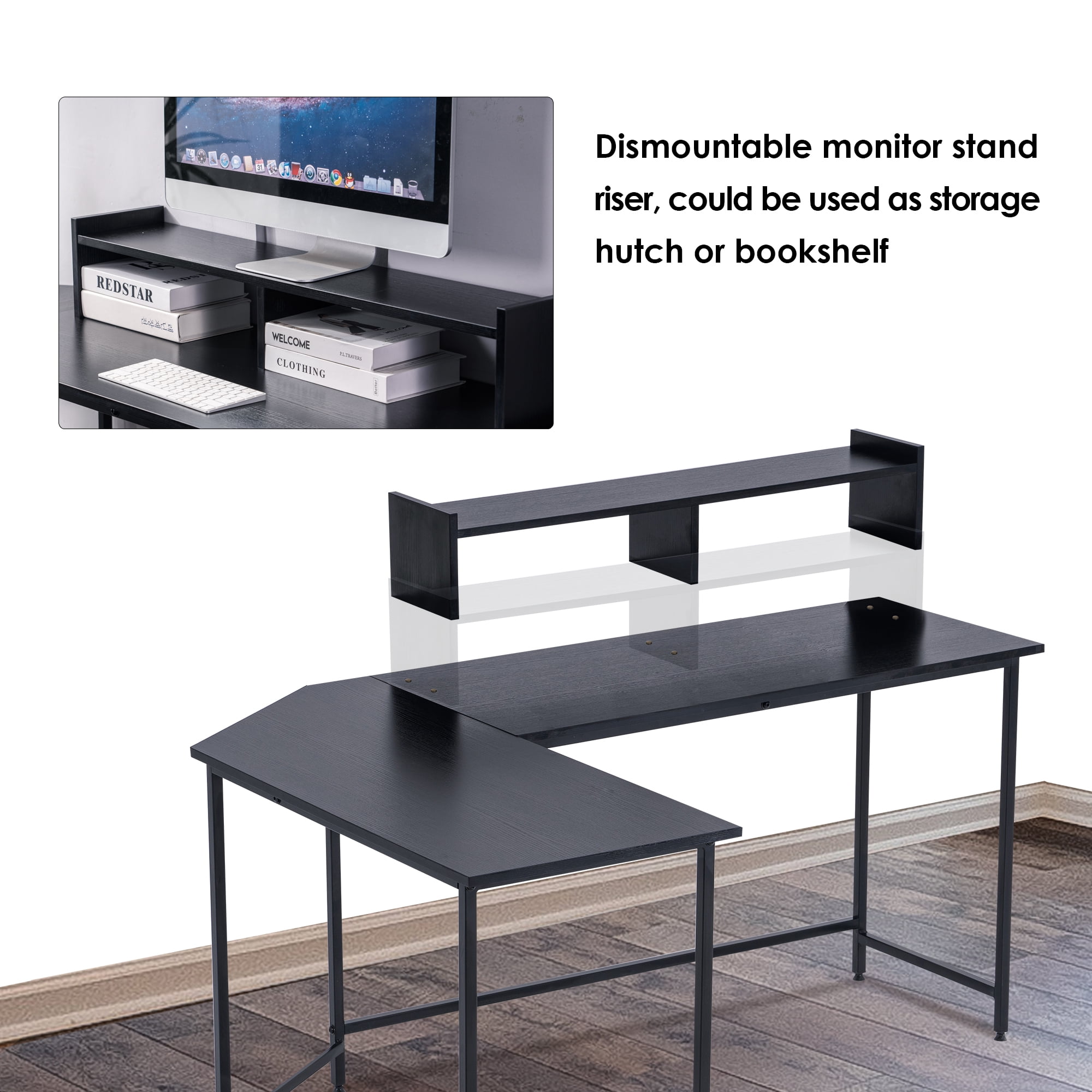 Ivinta L-Shaped Computer Desk with Hutch, 63" Gaming Office Corner Desk with Round Corner, Black