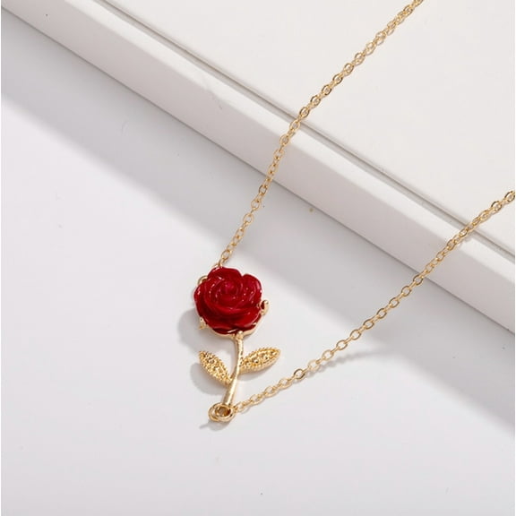 Goldtone Red Rose Flower Pendant Necklace