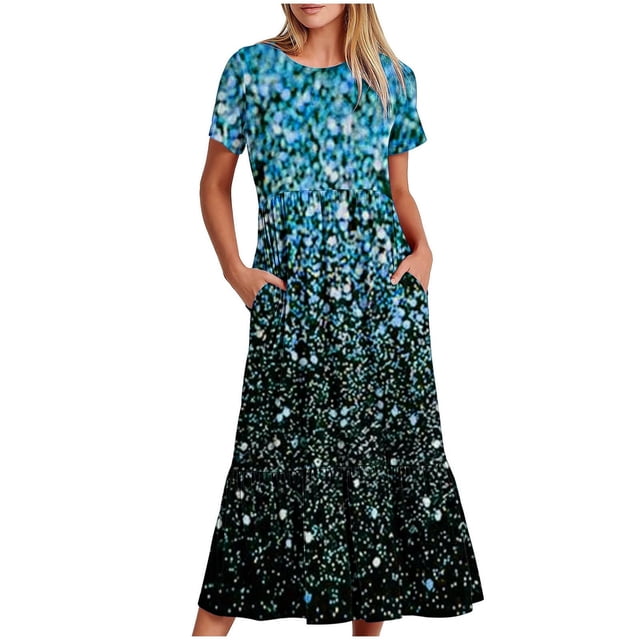 Fankiway Robe Longue Ample à Manches Courtes avec Poche et Col Rond Imprimé pour Femmes Rondes Robes de Printemps pour Femmes 5739