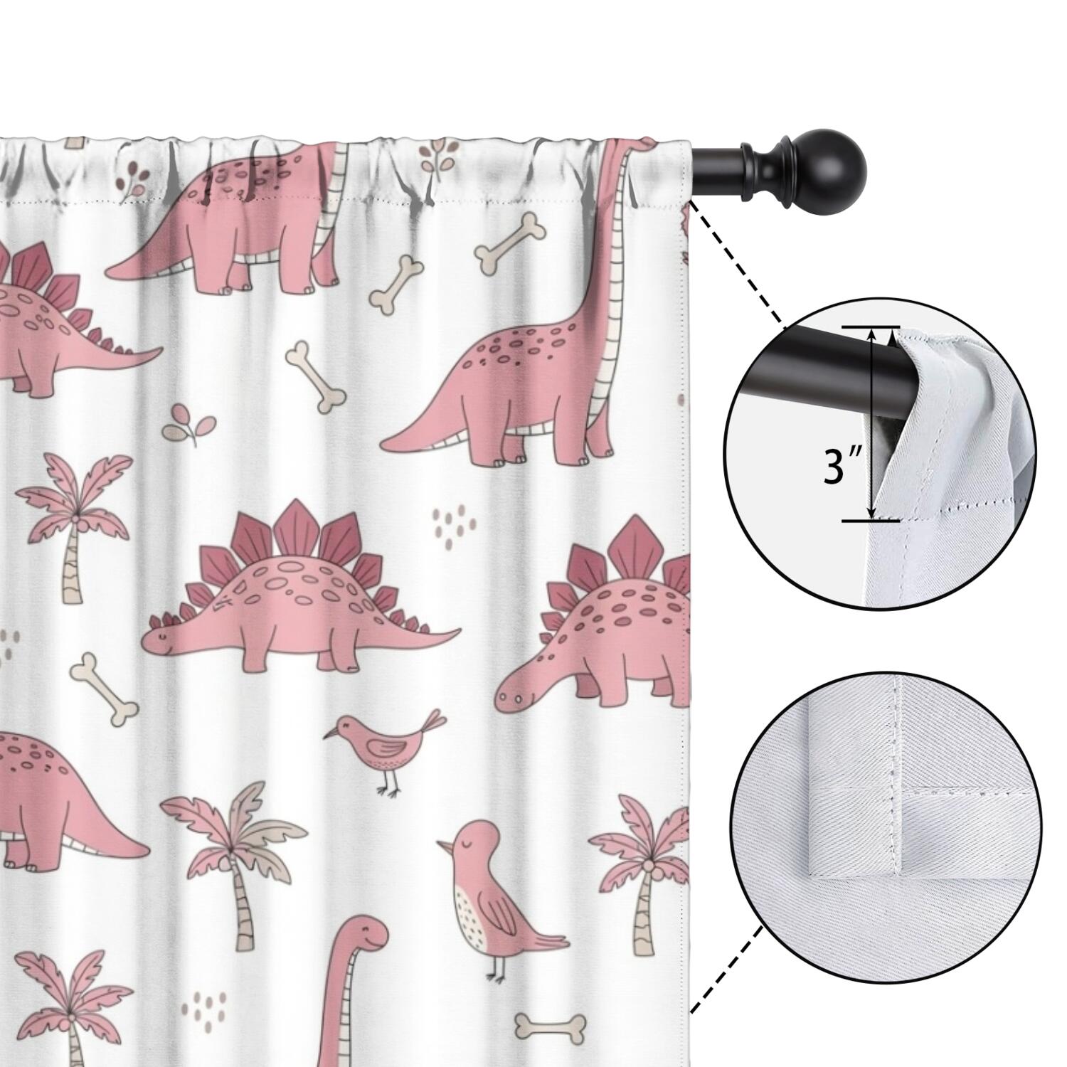 Blackout Kids Curtains,Pink Dinosaur and Bird Pattern Childrens Insulated Curtains Set Of 2,Bedroom Essentials,Toddler Room Decor 42"x84"
