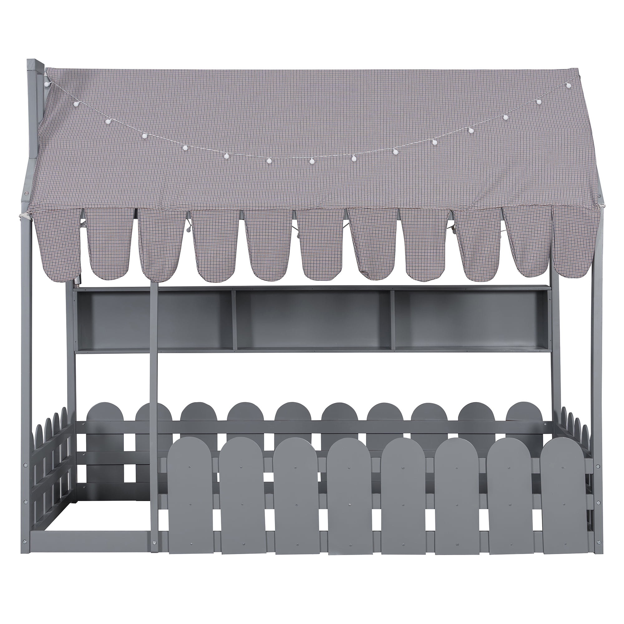 Aukfa Twin House Bed with Fence and Tent for Kids, Wooden Montessori Bed with LED Lights & Storage Shelves for Toddler Boys and Girls Bedroom, Gray