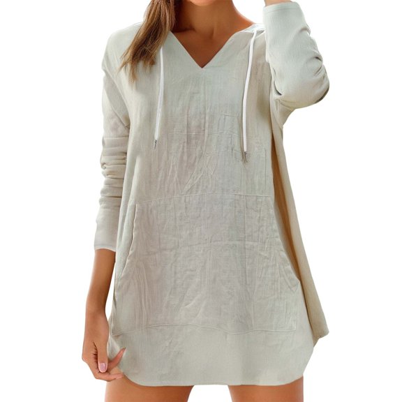 Beige Womens Summer Tops Women's Cotton Linen Long Sleeved Hooded T Shirt Beach Long Sleeved V Neck Large Pocket Shirt Top Going Out Tops for Women