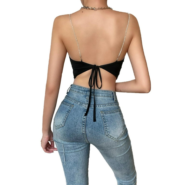 Douhoow Women's Camisole Summer Backless Diamond Drill Shiny Chain Straps  Back Lace-Up Crop Top