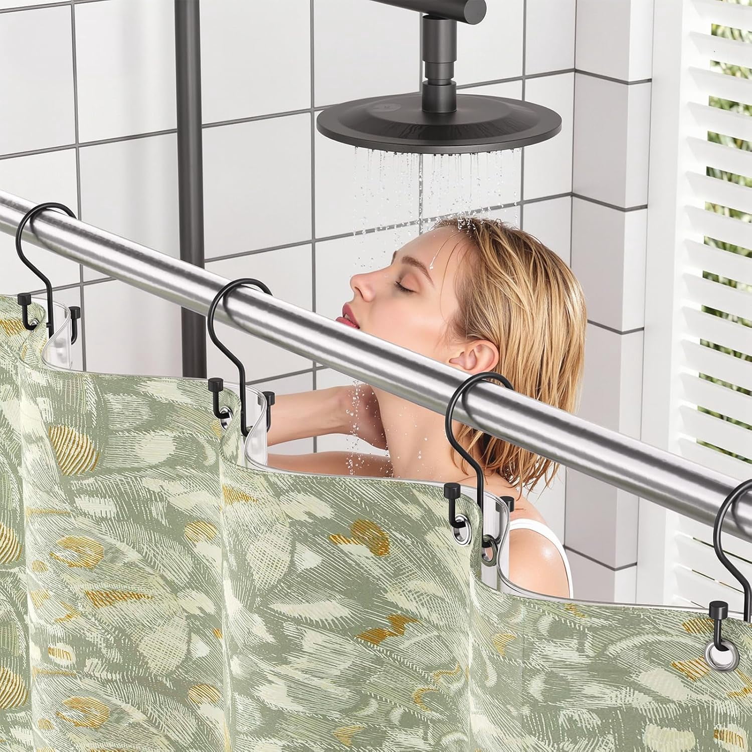 High-Low Double Shower Curtain Hooks, Bathroom Shower Curtain Rings, Separate Liner & Curtain to Prevent Tangling, Rust-Resistant Metal, Smooth Glide, 12-Pack Matte Black