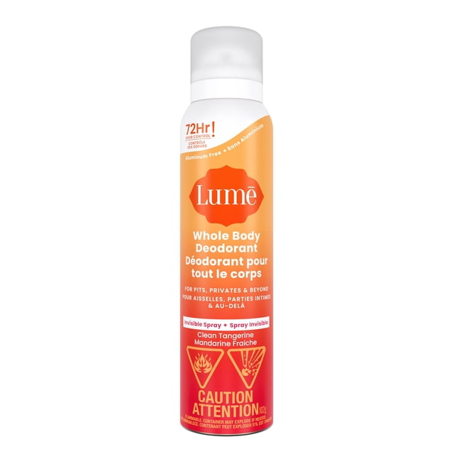 Lume Whole Body Women’s Deodorant spray in Clean Tangerine scent, aluminum free, 3.6oz bottle with orange to red gradient label, offering 72-hour odor control for pits, privates, and beyond, with flammability caution and invisible spray formula.