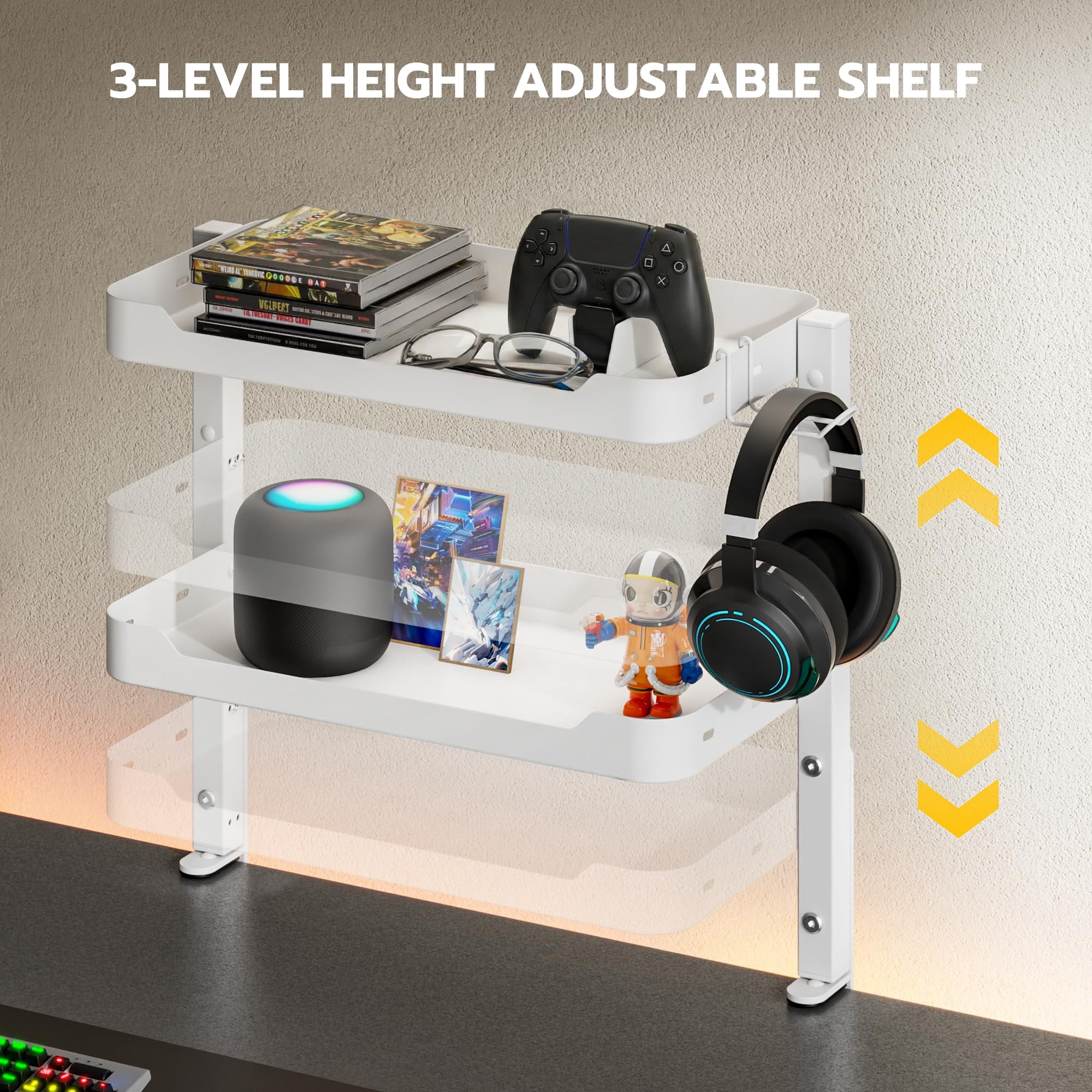 2-tier Clamp On Desk Shelf  16 Inch Adjustable Above Or Under Storage Shelves Holds 66 Lbs Heavy Duty Desktop Organizer With Headphone Holder For Working And Gaming Accessories White