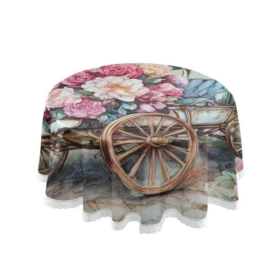 YAZAOO Round Tablecloth Victorian Carriage with Roses Pattern Tableclothes