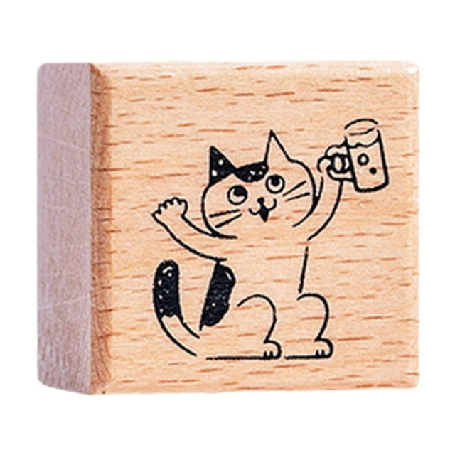 GUOOL Cat Stamp 1.2 inch Small Wooden Rubber Stamp for Journal Letter Scrapbooking Cheers