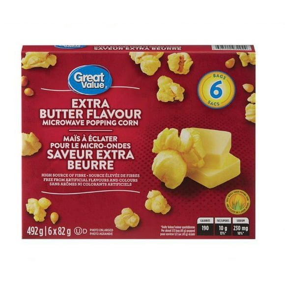Great Value Extra Butter Flavour Microwave Popping Corn, 492 g (6 bags x 82 g)