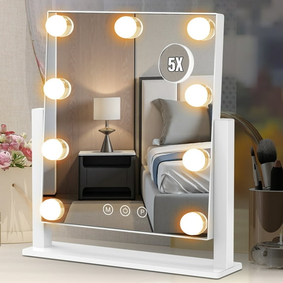 Vanity Mirror with Lights, Hollywood Lighted Makeup Mirror with 3 Color Lighting Modes and 9 Dimmable Bulbs, Detachable 5X Magnification, Smart Touch Control, 360°Rotation, White