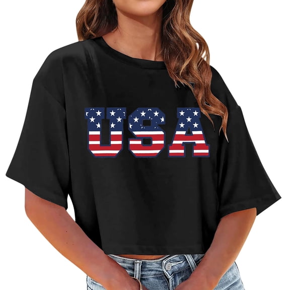 Confree Womens 4Th Of July Shirts Patriotic Graphic Print Independence Day Short Sleeve Round Neck Tees Summer Fashion Soft Comfortable Women Top Size L Black
