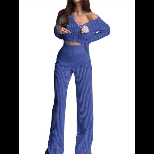 Traje Informal de Dos Piezas para Mujer, de Punto Liso, con Aberturas, Larga, Botones y Pantalones de Cintura Alta. Azul M