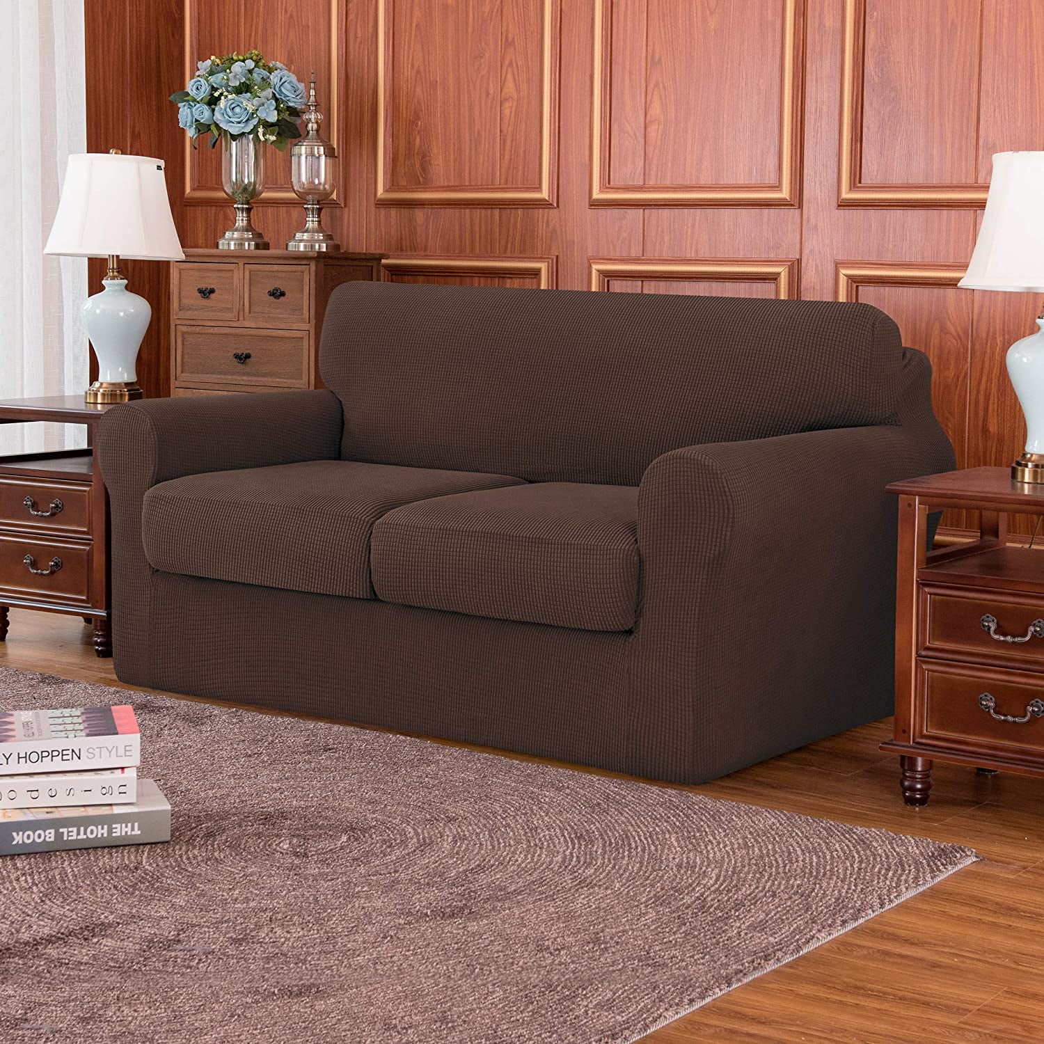 Subrtex 3-Piece High Spandex Textured Grid Sofa Slipcover, Separate Cushion Cover(Chocolate, Loveseat)
