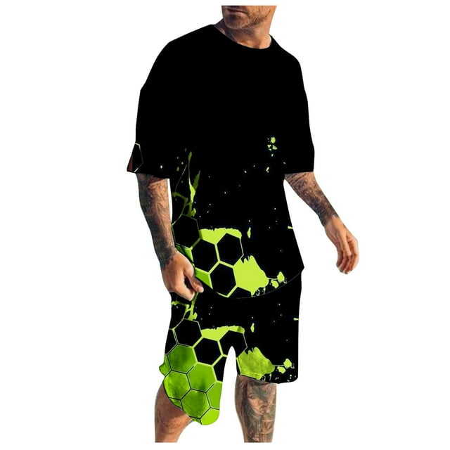 toraway Men's Costumes Coupe Régulière 2 Pcs Noir Mode Men's Costume 2 Pcs Imprimé Hawaiiss Short T+ Shorts Mode Rue Style 3 L