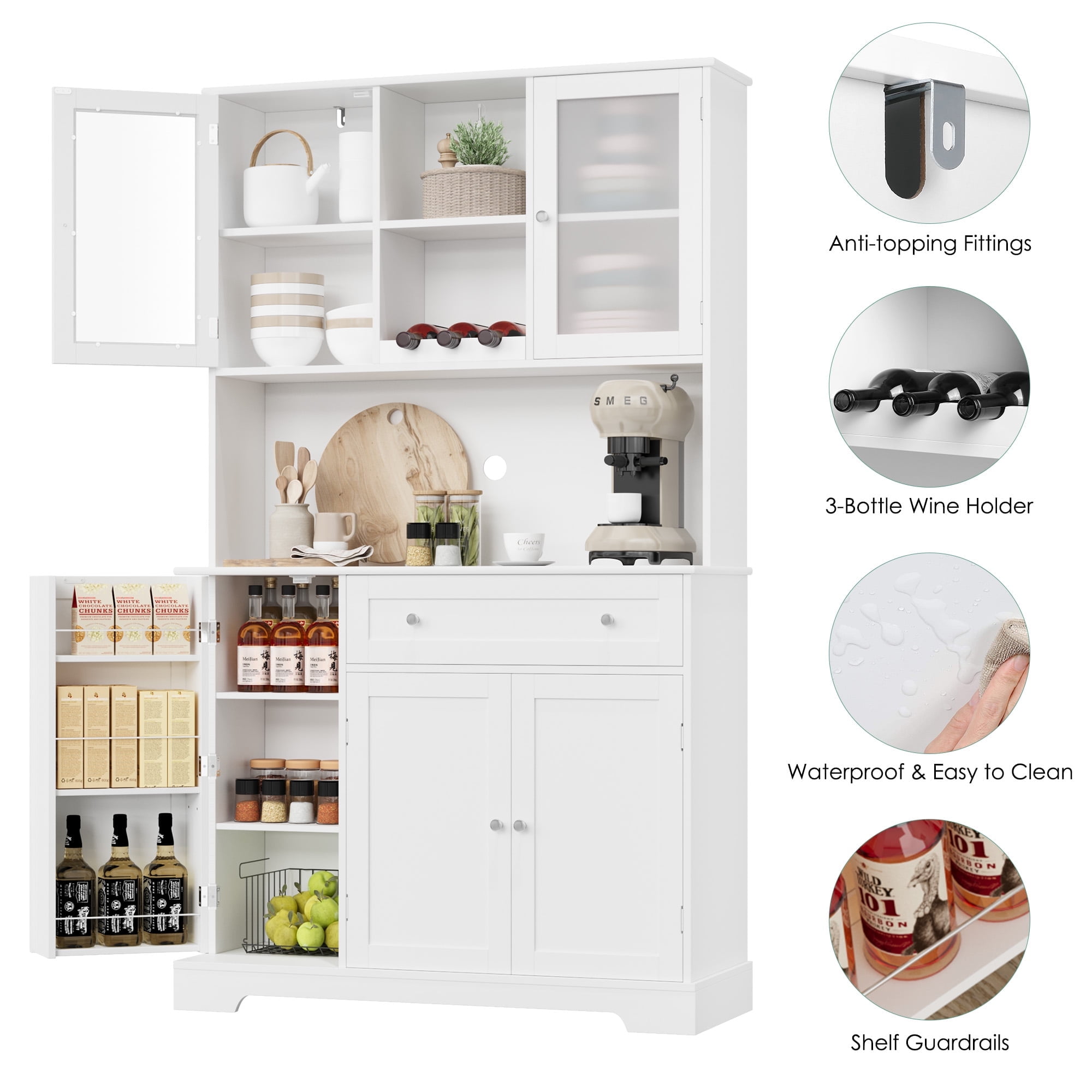Homfa Kitchen Cabinet with Food Shelf, 5 Doors Floor Cupboard with Drawers and Countertop, 68'' Storage Pantry for Dining Room, White