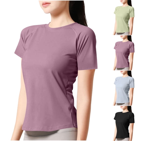 Felirenzacia Women's Athletic Cropped Tee Top Quick Dry Shirt Summer Active Moist Wicking Slim Fitted T-Shirt Purple,L