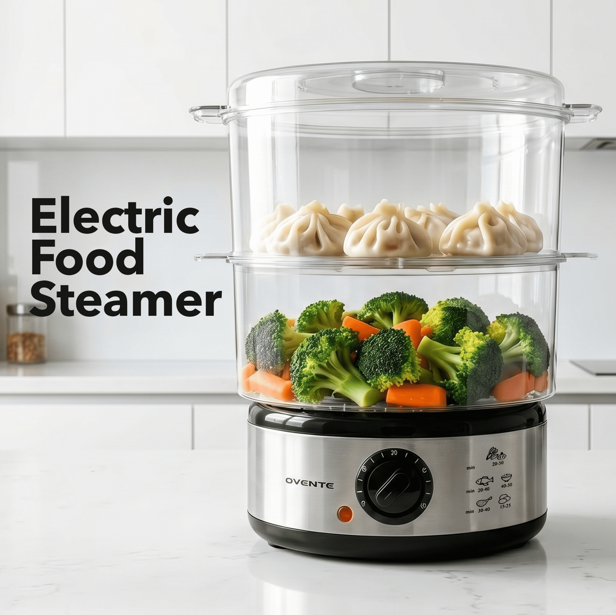 OVENTE 2-Tier Electric Food Steamer, 5 Quart Stainless Steel Stackable Steam Cooker with 400W Power, 60-Minute Timer & Auto Shut-Off, Dishwasher Safe, Healthy Vegetable & Seafood Steamer, Silver FS62