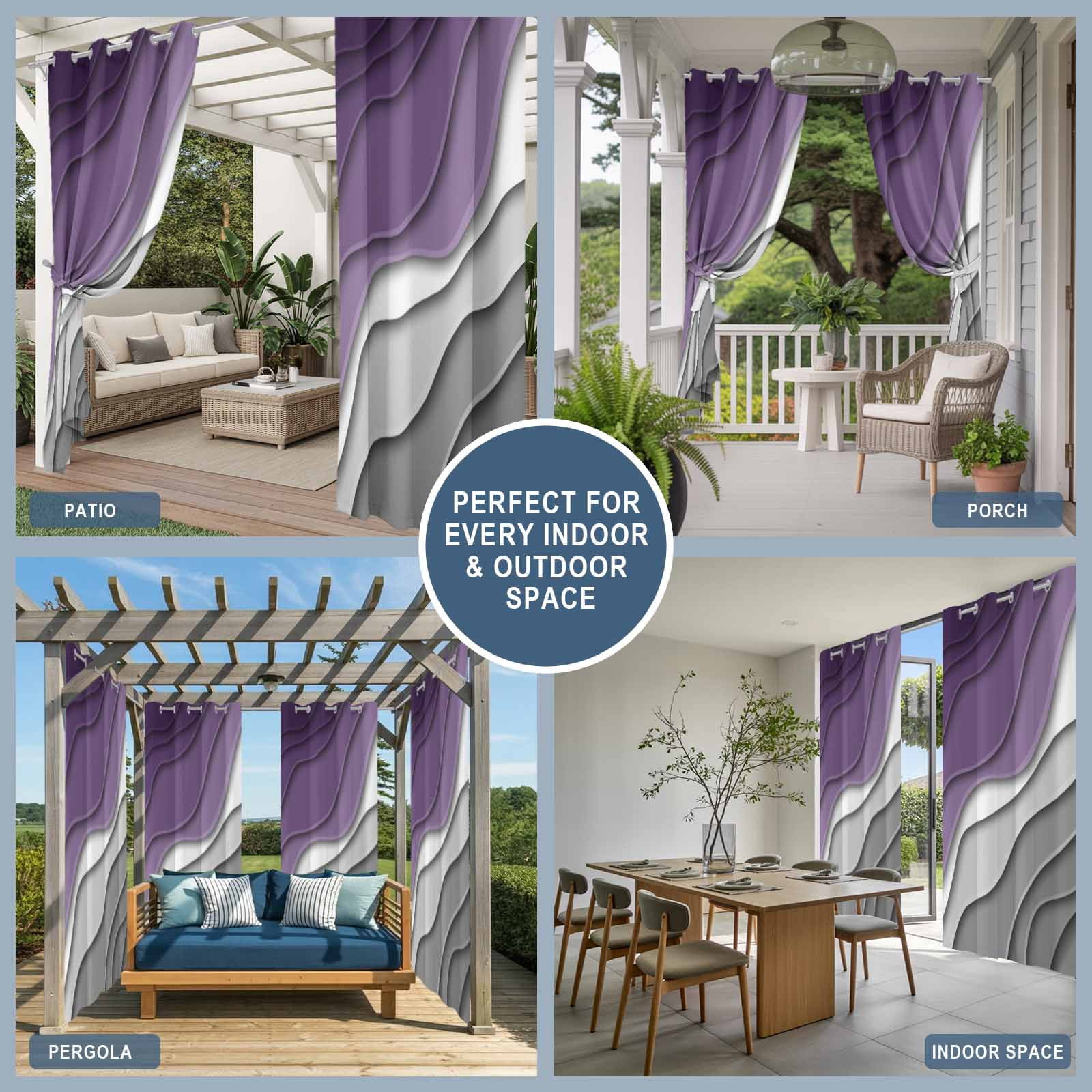 Purple Grey Ombre Outdoor Curtains for Patio Waterproof,Windproof Privacy Curtains with Weighted Bottom,Modern Geometric Abstract Aesthetics Cream Outside Drapes for Picnic Garage 54"x108" 1 Panel