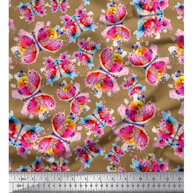 Soimoi Brown Moss Georgette Fabric Insect Watercolor Printed Craft Fabric by The Yard 42 Inch Wide