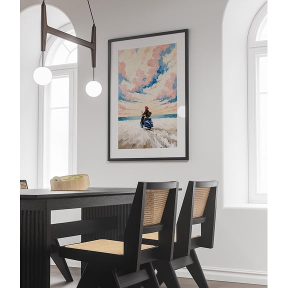 Retro Chic Scooter On The Beach Pink And Blue Sky Illustration Nostalgic Picture Poster Unframed Paper Print