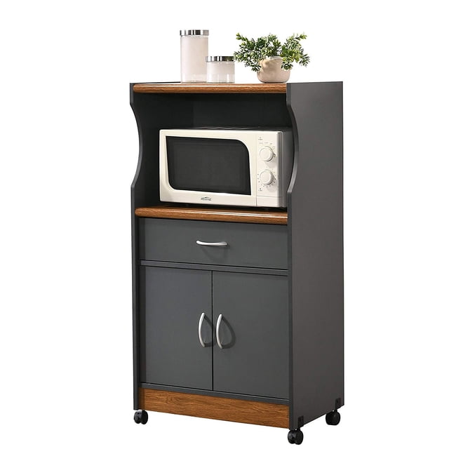 Hodedah Chariot Îlot pour Micro-Ondes à Roulettes avec Tiroir et Rangement d'Armoire, Gris/chêne