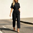 thumbnail image 5 of Women's Short Sleeve Casual Jumpsuit with Elastic Waist Pockets Summer Lightweight Solid Color Crew Neck Straight Leg One Piece Romper, 5 of 7