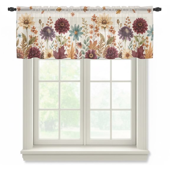 Autumn Season Sheer Valances for Windows, Purple Red Blue Floral Falling Maple Leaf Linen Semi Sheer Kitchen Valance Rod Pocket Small Voile Window Curtains for Living Room Bedroom 42 x 18 Inch