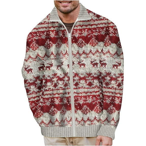 SERTG Men Christmas Tops Fashion Christmas Print Hoodless Casual Coat Holiday Lapel Collar Zip Shirt Long Sleeve Cardigan Pullover(Beige,M)